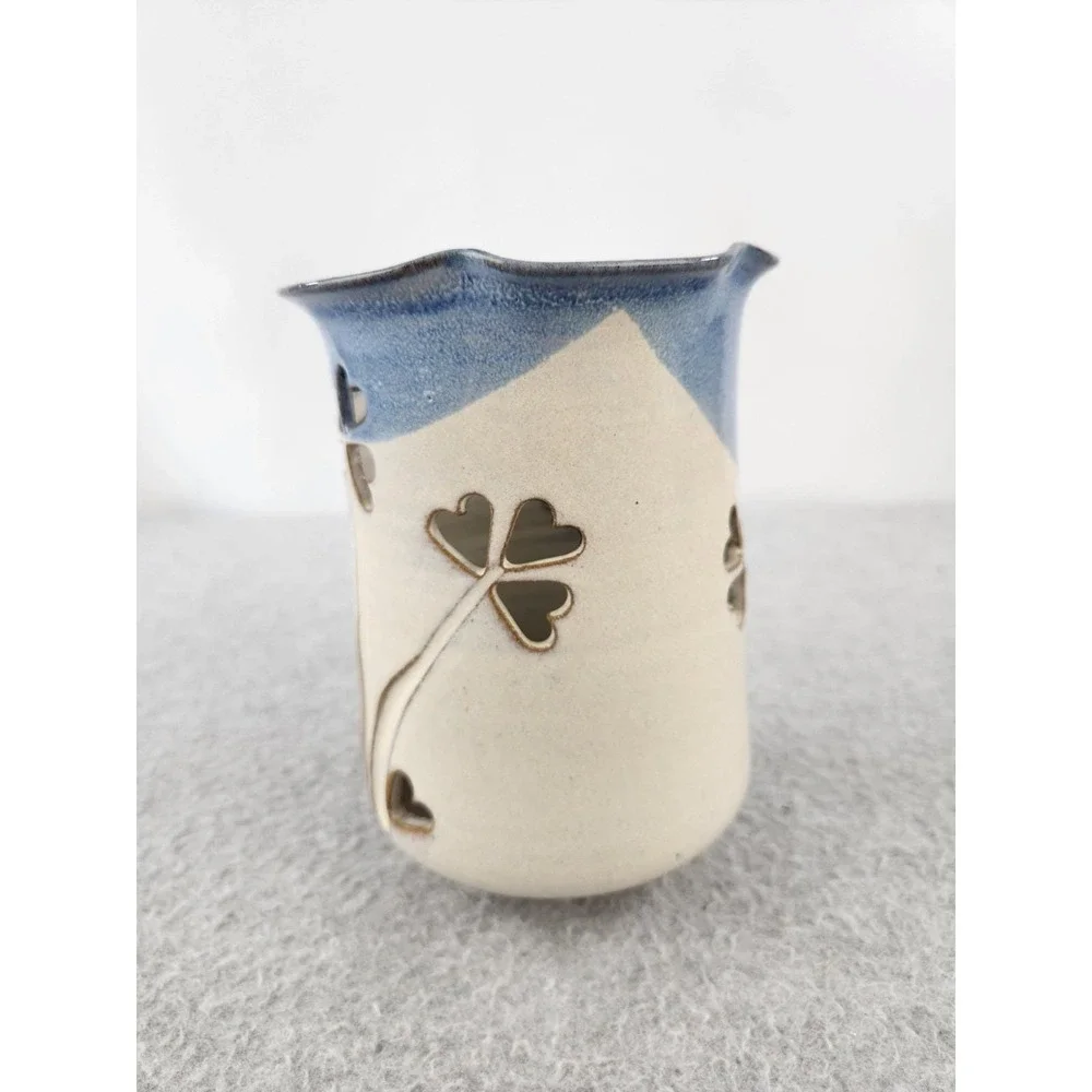 Vtg Welsh Art‎ Pottery Candle Vase Pillar Gray Davis Heart Flowers Clovers 1983